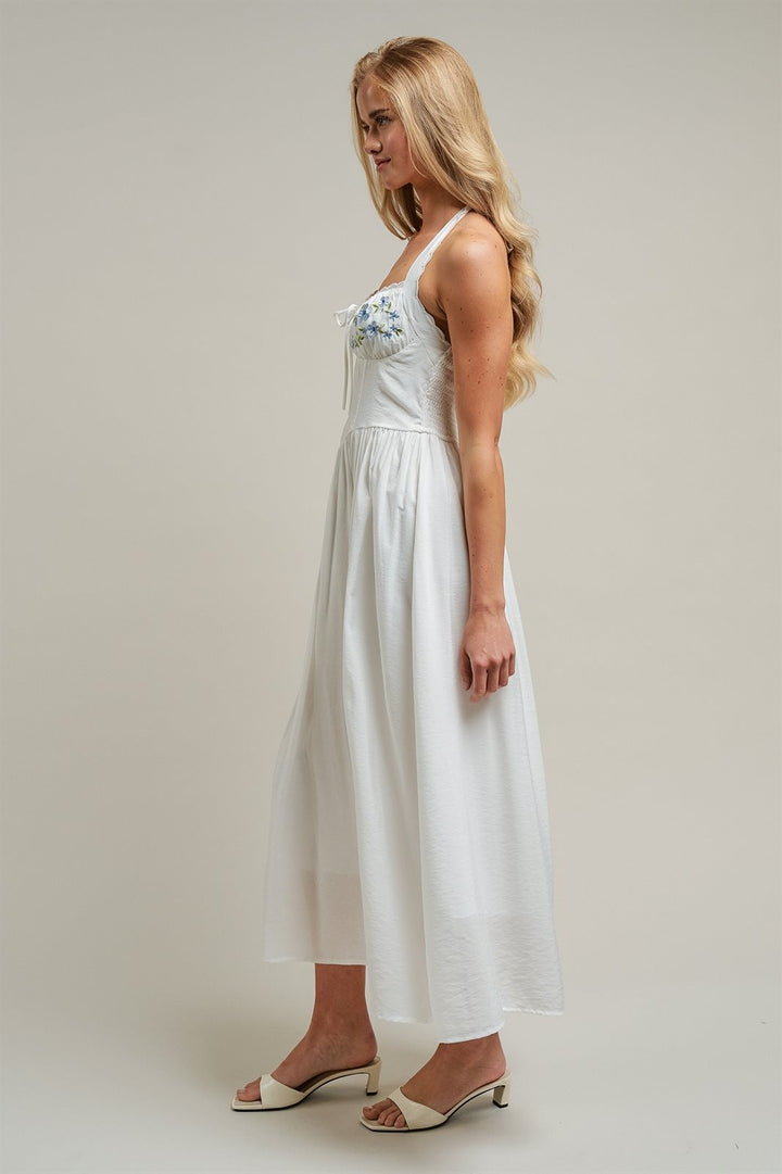 Floral Embroidered Halter Corset Midi Dress in White - Women's Wholesale Dresses | Trend Notes