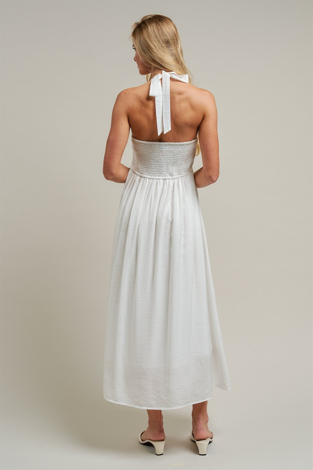 Floral Embroidered Halter Corset Midi Dress in White - Women's Wholesale Dresses | Trend Notes