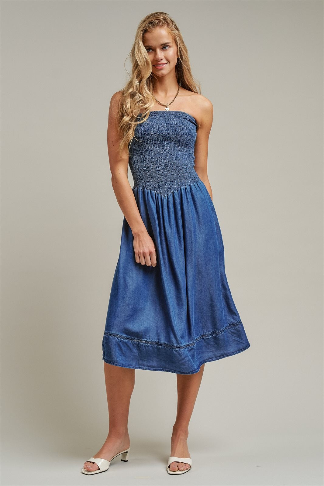 Smocked Strapless Denim Midi Dress Ladder Trim Coastal Grand in Blue - Women's Wholesale Dresses | Trend Notes