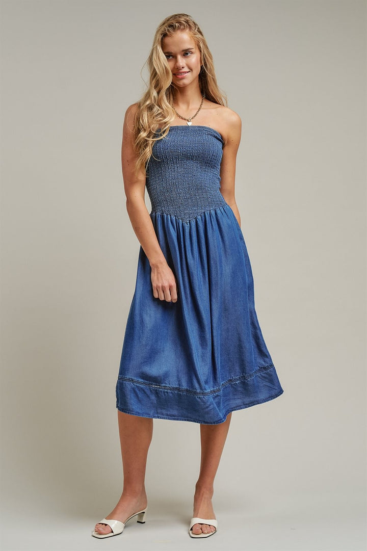Smocked Strapless Denim Midi Dress Ladder Trim Coastal Grand in Blue - Women's Wholesale Dresses | Trend Notes