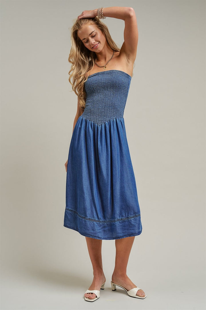 Smocked Strapless Denim Midi Dress Ladder Trim Coastal Grand in Blue - Women's Wholesale Dresses | Trend Notes