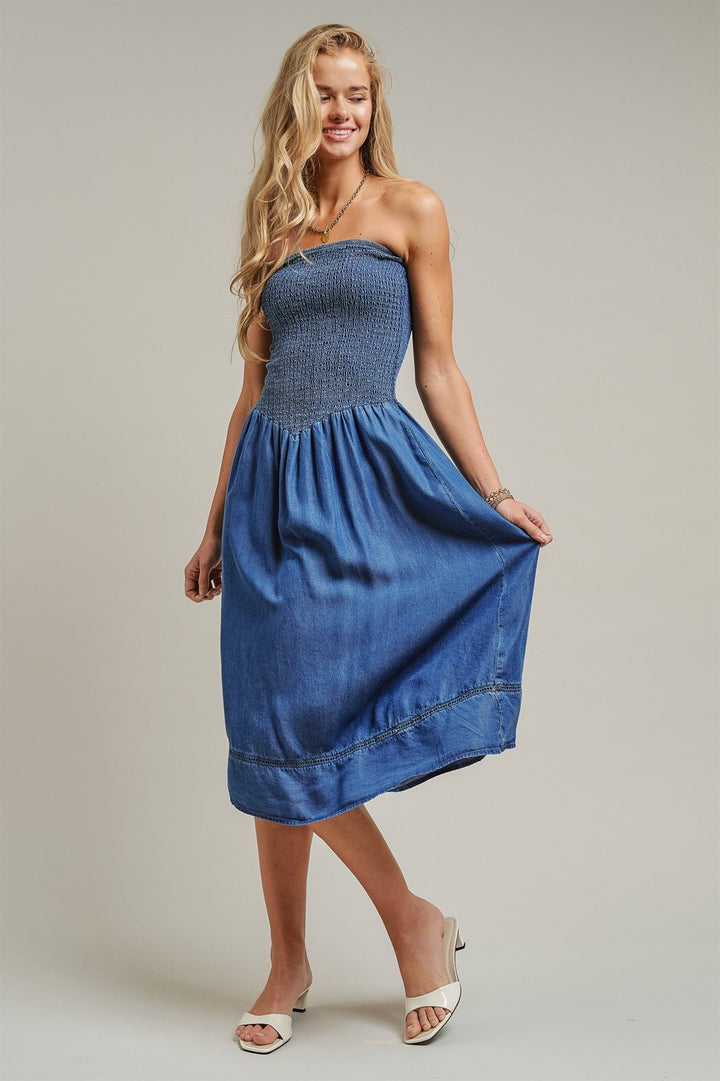 Smocked Strapless Denim Midi Dress Ladder Trim Coastal Grand in Blue - Women's Wholesale Dresses | Trend Notes