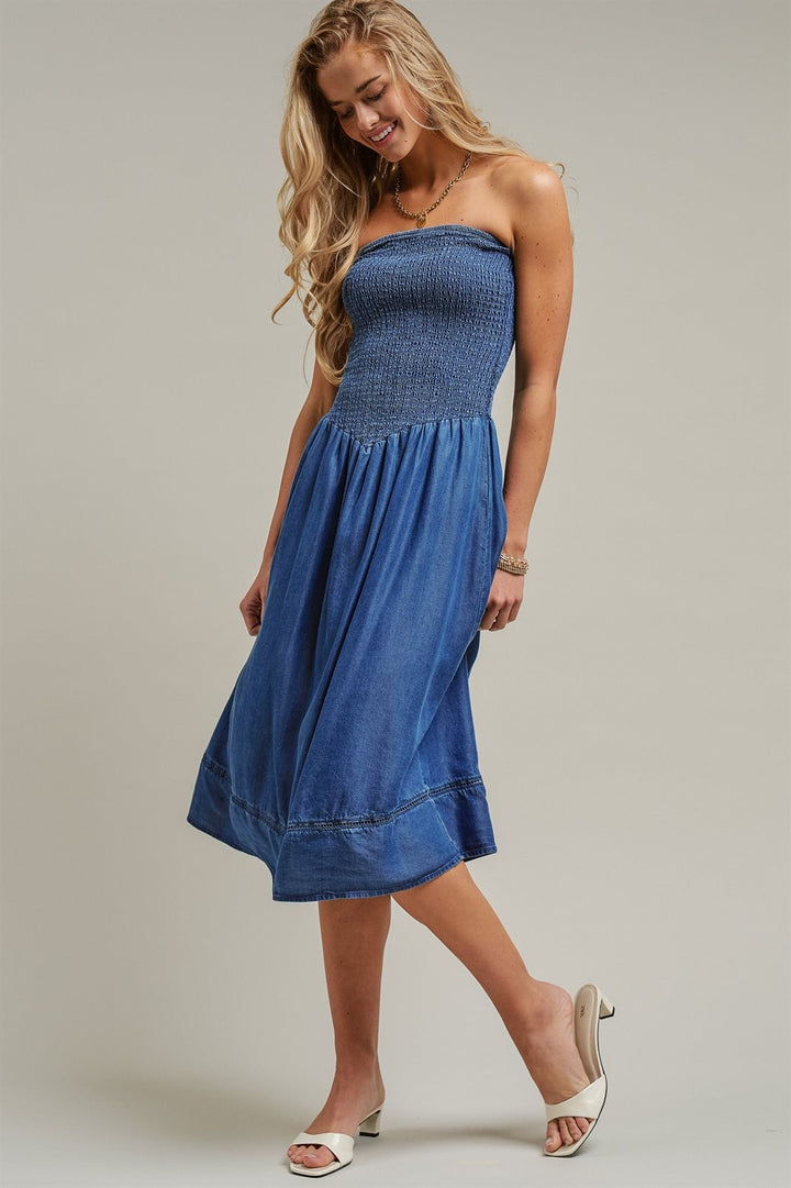 Smocked Strapless Denim Midi Dress Ladder Trim Coastal Grand in Blue - Women's Wholesale Dresses | Trend Notes