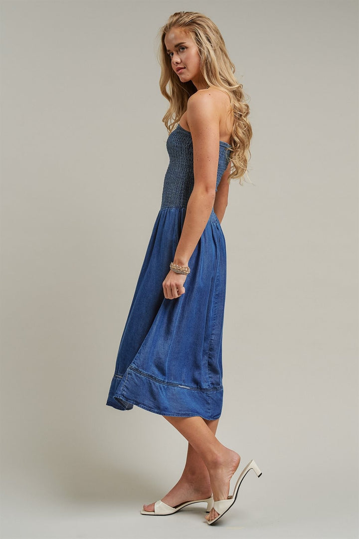 Smocked Strapless Denim Midi Dress Ladder Trim Coastal Grand in Blue - Women's Wholesale Dresses | Trend Notes