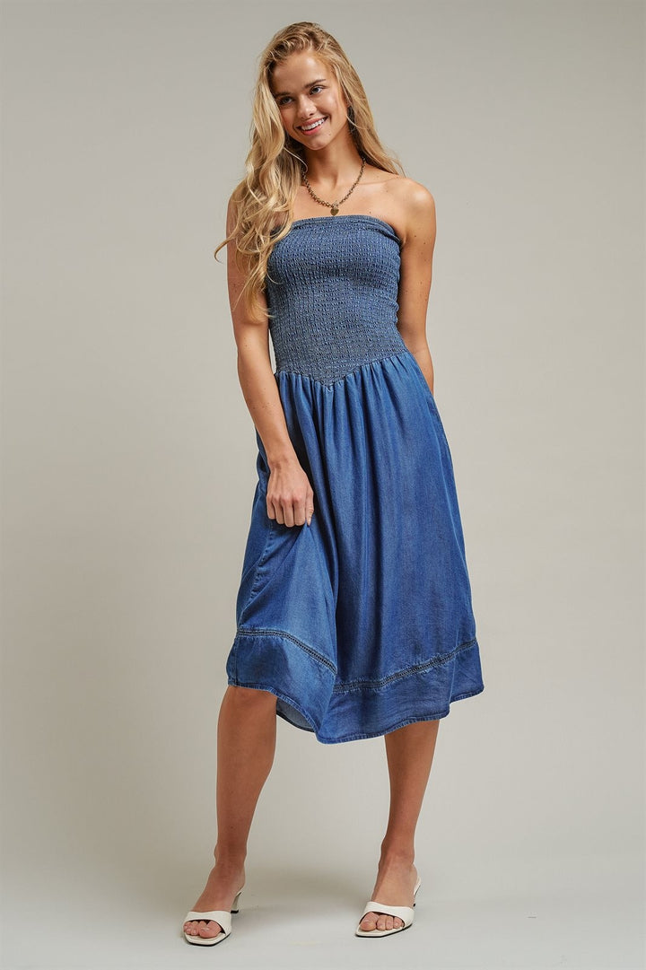 Smocked Strapless Denim Midi Dress Ladder Trim Coastal Grand in Blue - Women's Wholesale Dresses | Trend Notes