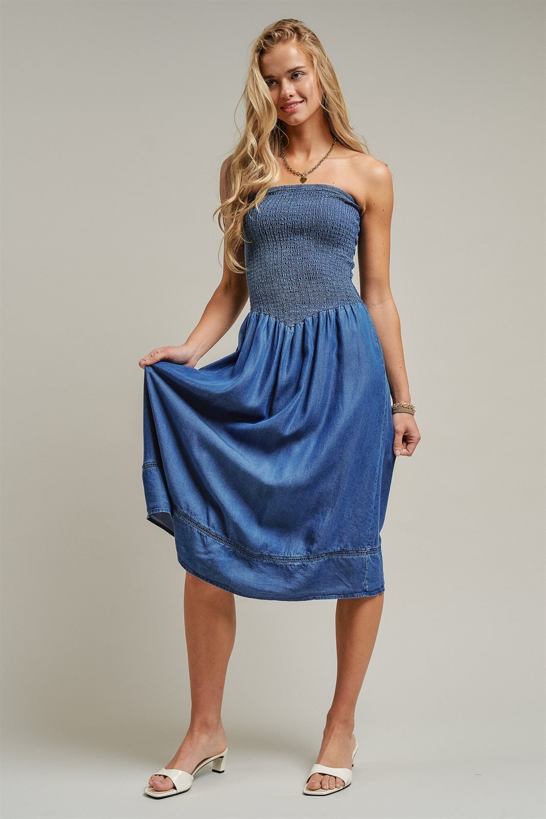 Smocked Strapless Denim Midi Dress Ladder Trim Coastal Grand in Blue - Women's Wholesale Dresses | Trend Notes