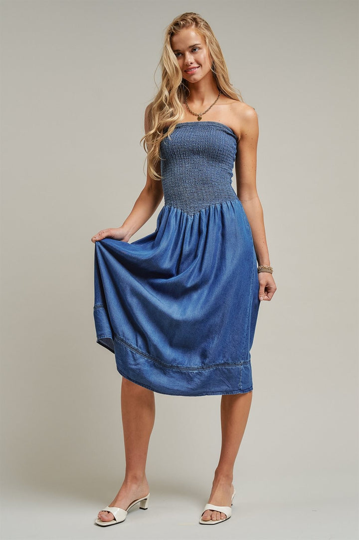 Smocked Strapless Denim Midi Dress Ladder Trim Coastal Grand in Blue - Women's Wholesale Dresses | Trend Notes