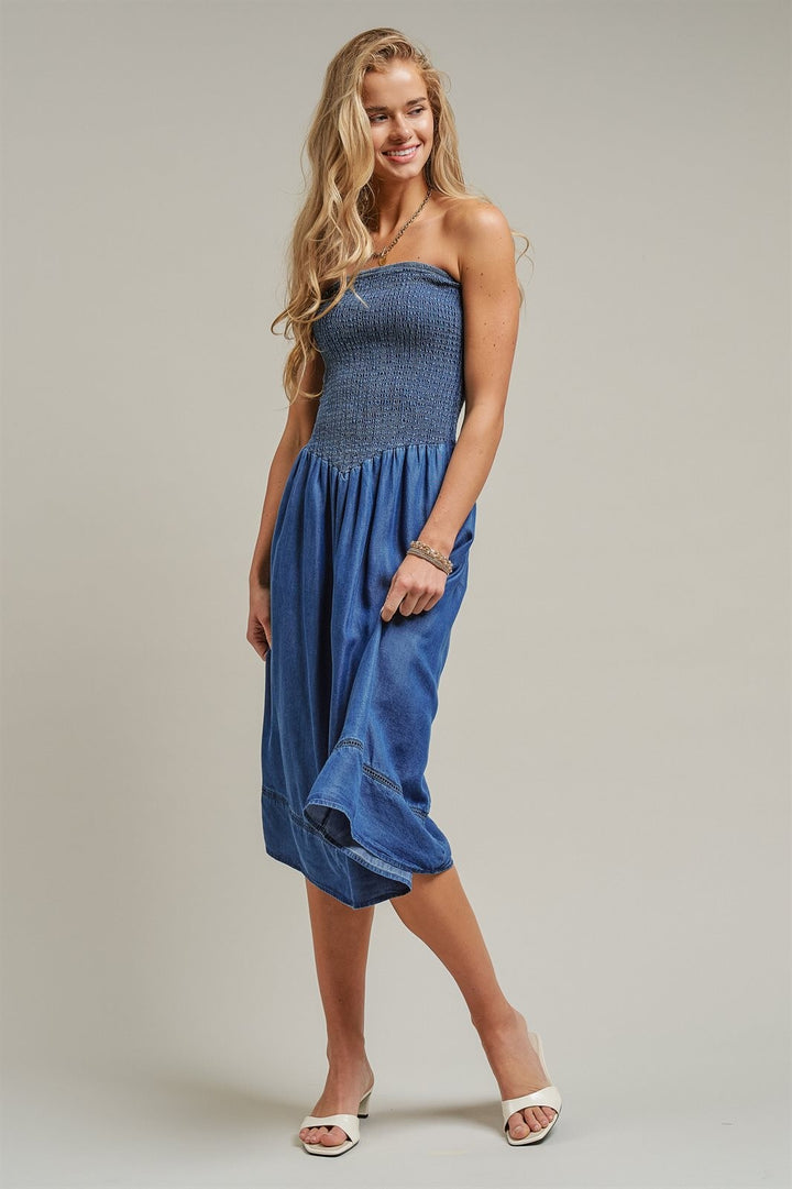 Smocked Strapless Denim Midi Dress Ladder Trim Coastal Grand in Blue - Women's Wholesale Dresses | Trend Notes