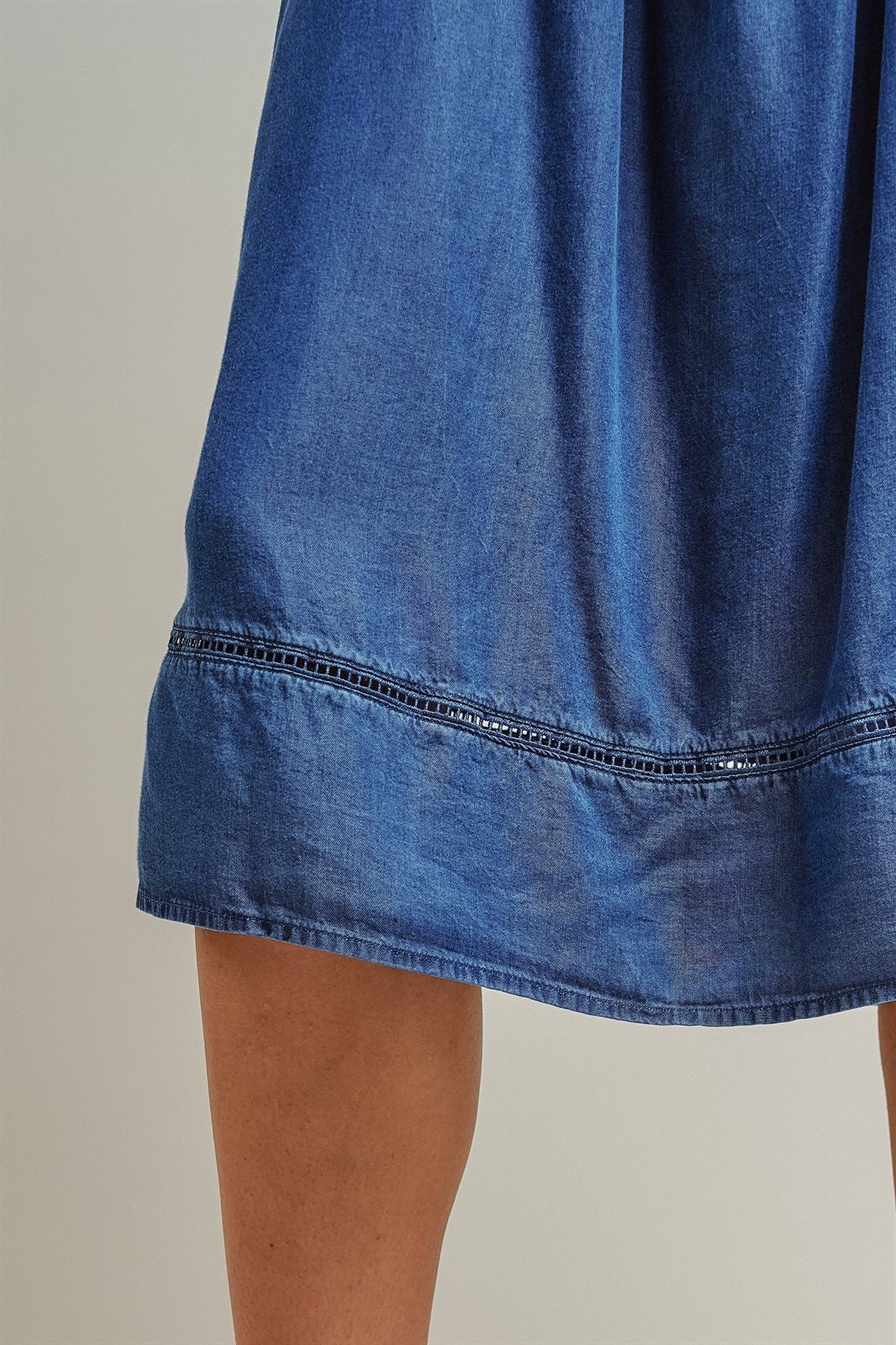 Smocked Strapless Denim Midi Dress Ladder Trim Coastal Grand in Blue - Women's Wholesale Dresses | Trend Notes