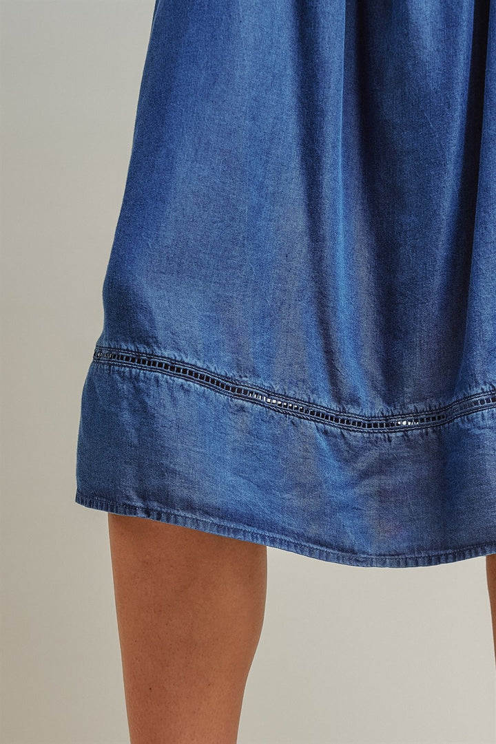 Smocked Strapless Denim Midi Dress Ladder Trim Coastal Grand in Blue - Women's Wholesale Dresses | Trend Notes