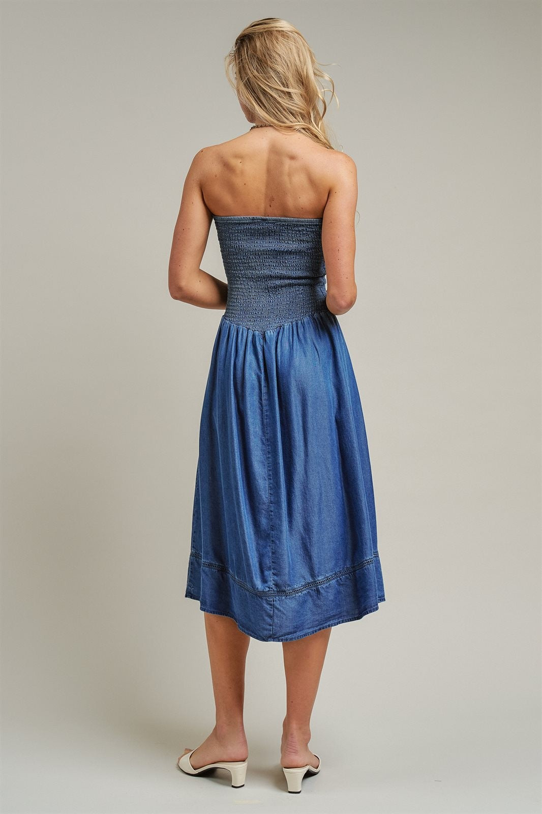 Smocked Strapless Denim Midi Dress Ladder Trim Coastal Grand in Blue - Women's Wholesale Dresses | Trend Notes
