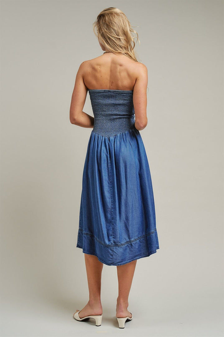Smocked Strapless Denim Midi Dress Ladder Trim Coastal Grand in Blue - Women's Wholesale Dresses | Trend Notes