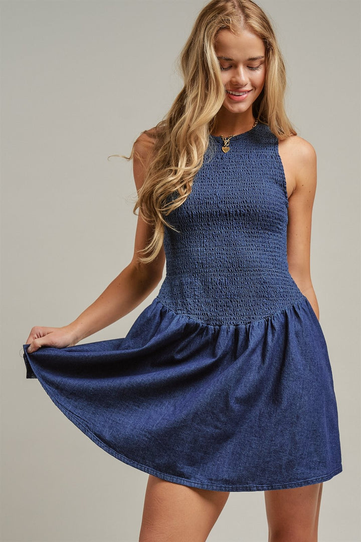 Smocked Denim Mini Dress Drop Waist Coastal Cowgirl Y2K Slee in Indigo - Women's Wholesale Dresses | Trend Notes