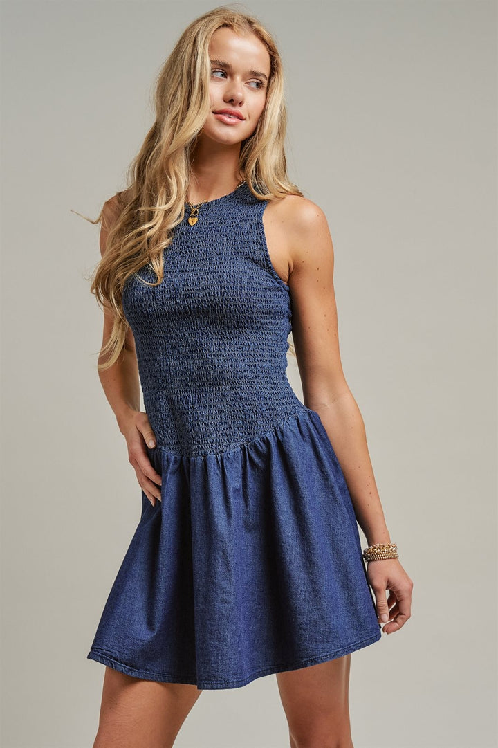 Smocked Denim Mini Dress Drop Waist Coastal Cowgirl Y2K Slee in Indigo - Women's Wholesale Dresses | Trend Notes