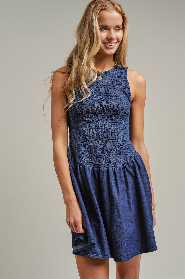 Smocked Denim Mini Dress Drop Waist Coastal Cowgirl Y2K Slee in Indigo - Women's Wholesale Dresses | Trend Notes