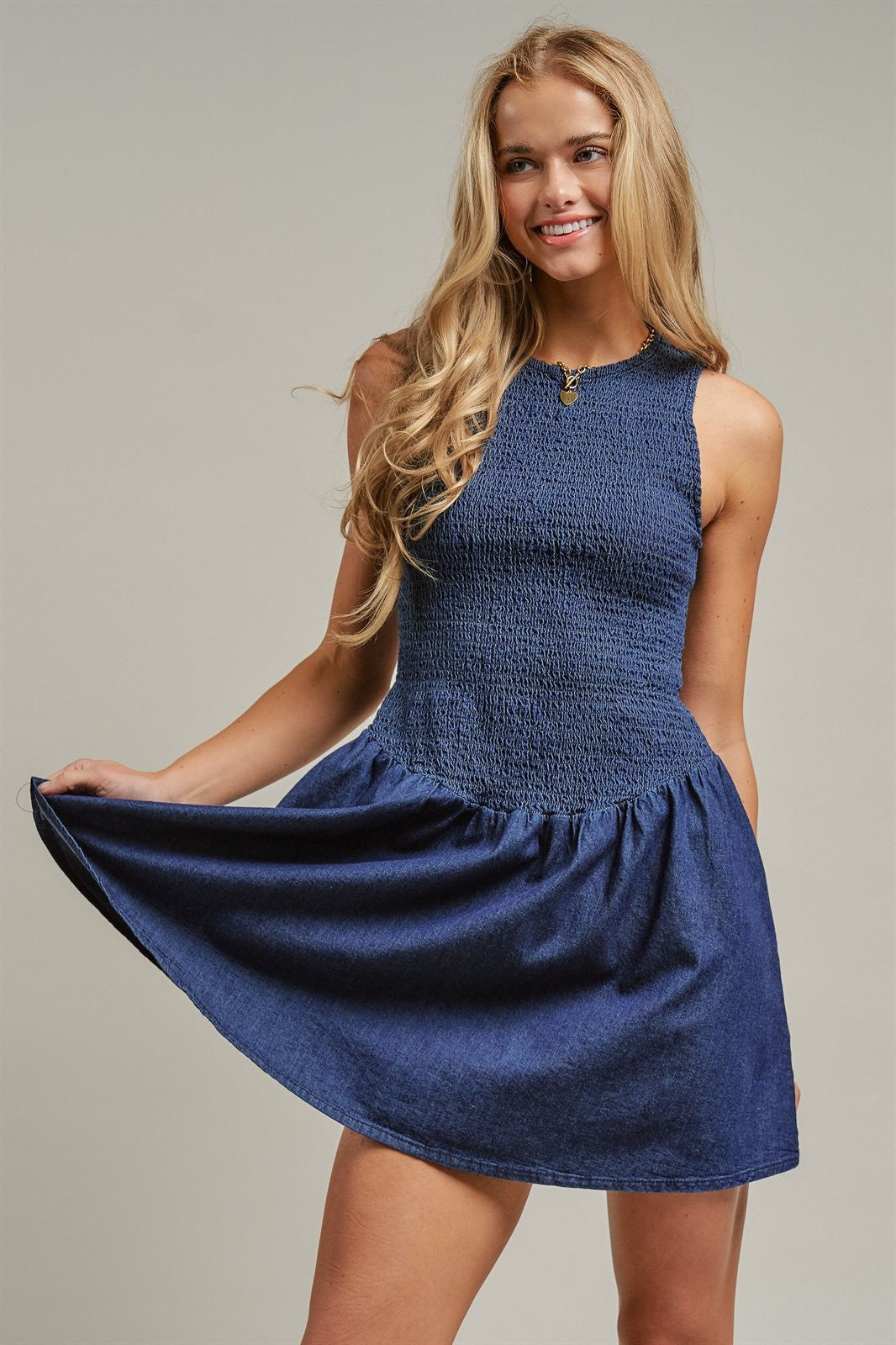 Smocked Denim Mini Dress Drop Waist Coastal Cowgirl Y2K Slee in Indigo - Women's Wholesale Dresses | Trend Notes