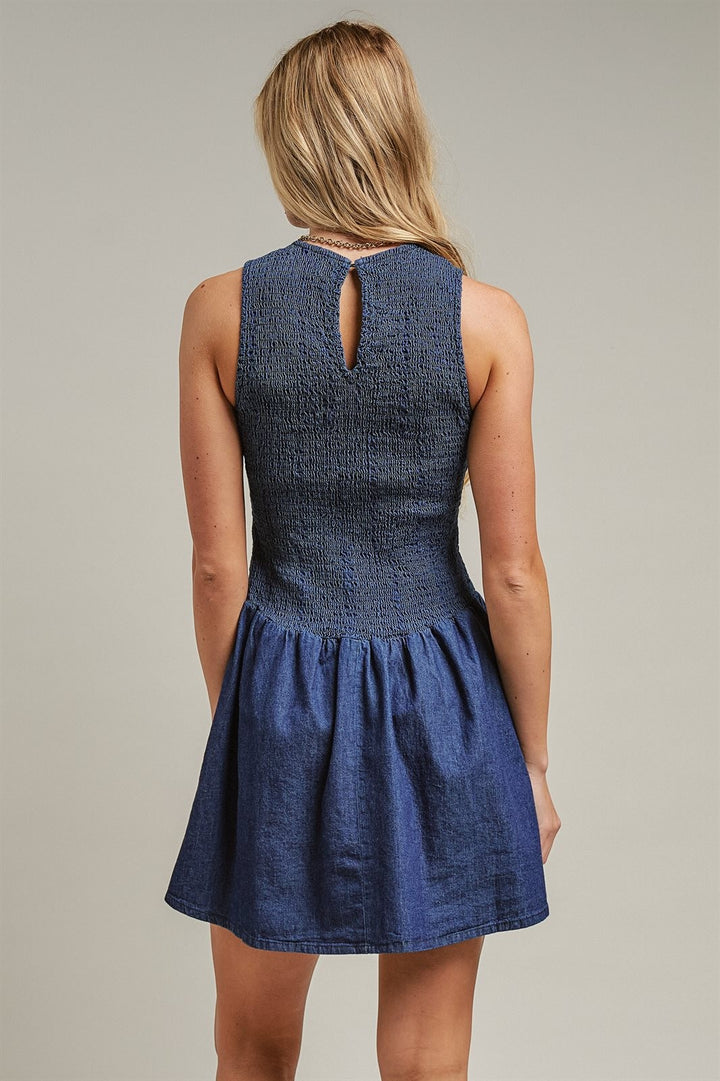 Smocked Denim Mini Dress Drop Waist Coastal Cowgirl Y2K Slee in Indigo - Women's Wholesale Dresses | Trend Notes