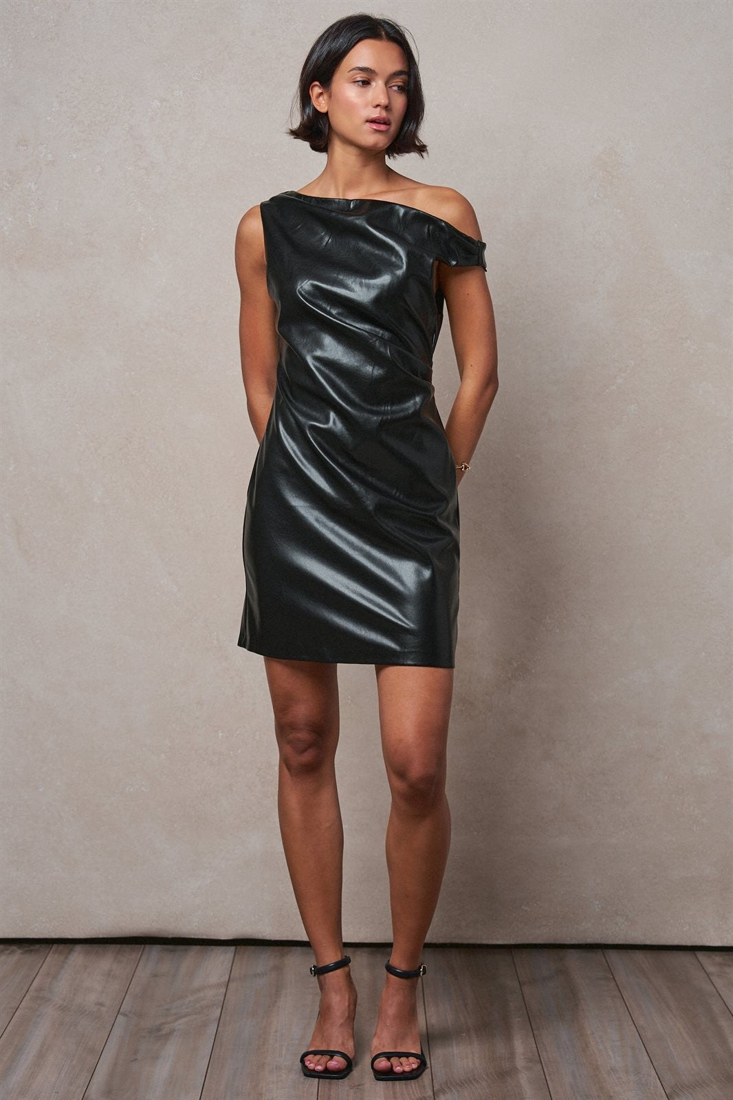 Faux Leather Asymmetric One-Shoulder Mini Dress in Black - Women's Wholesale Night Out Dresses | Trend Notes