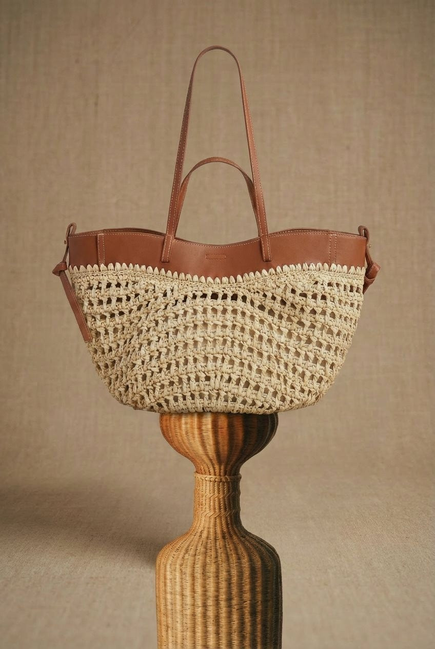 Woven Straw & Leather Double Strap Tote Bag in Tan - Women's Wholesale Fashion | Trend Notes