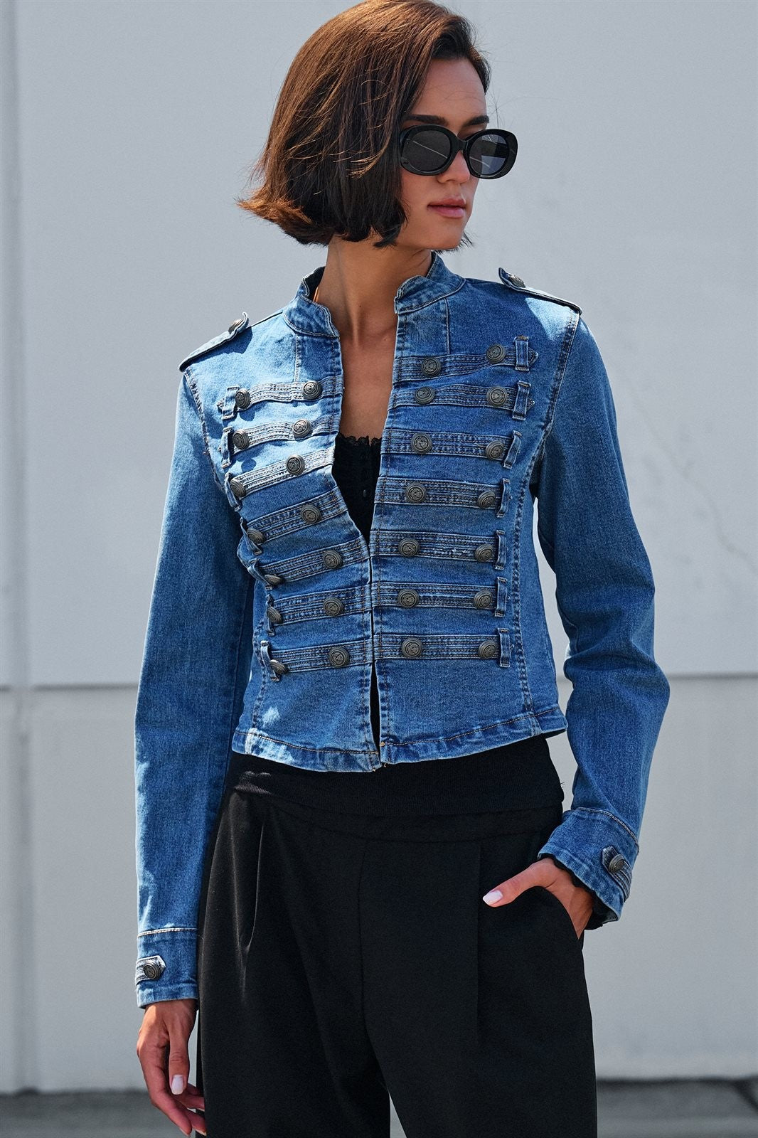 Military Denim Jacket with Double-Row Buttons in Blue - Women's Wholesale Jackets & Blazers | Trend Notes