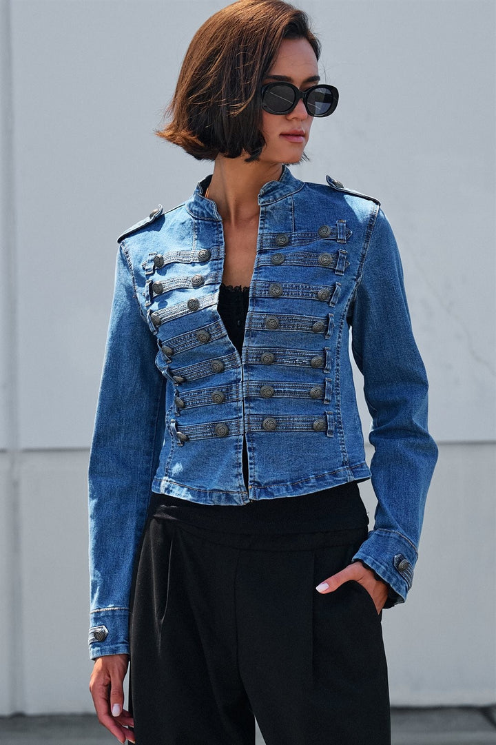 Military Denim Jacket with Double-Row Buttons in Blue - Women's Wholesale Jackets & Blazers | Trend Notes