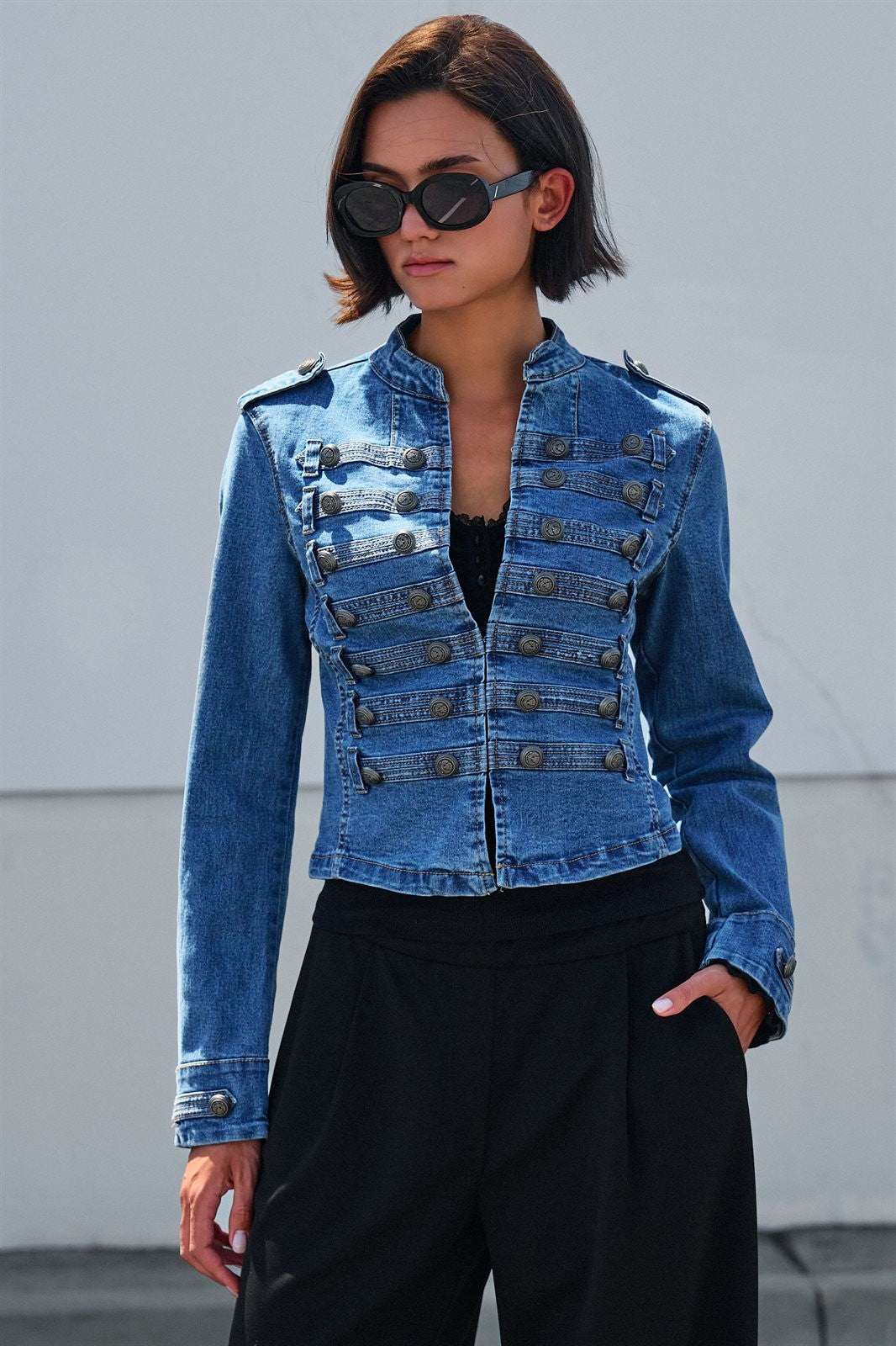 Military Denim Jacket with Double-Row Buttons in Blue - Women's Wholesale Jackets & Blazers | Trend Notes