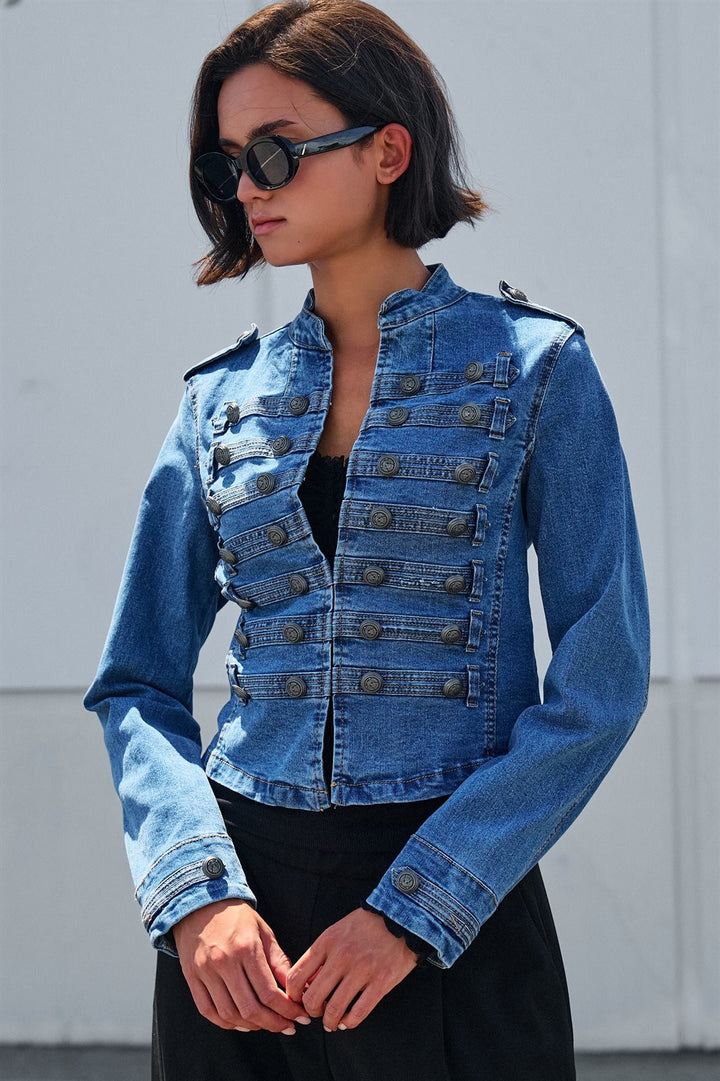 Military Denim Jacket with Double-Row Buttons in Blue - Women's Wholesale Jackets & Blazers | Trend Notes