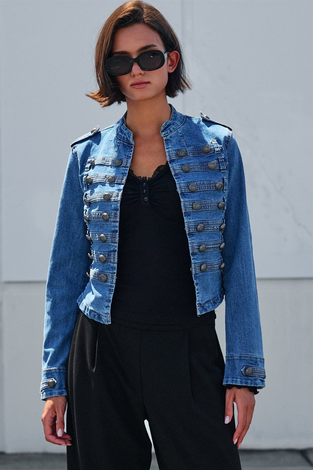 Military Denim Jacket with Double-Row Buttons in Blue - Women's Wholesale Jackets & Blazers | Trend Notes