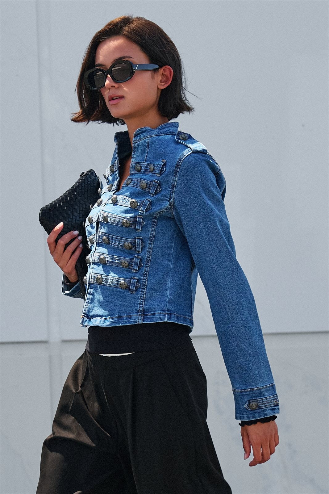 Military Denim Jacket with Double-Row Buttons in Blue - Women's Wholesale Jackets & Blazers | Trend Notes