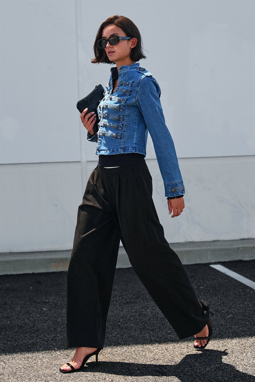 Military Denim Jacket with Double-Row Buttons in Blue - Women's Wholesale Jackets & Blazers | Trend Notes