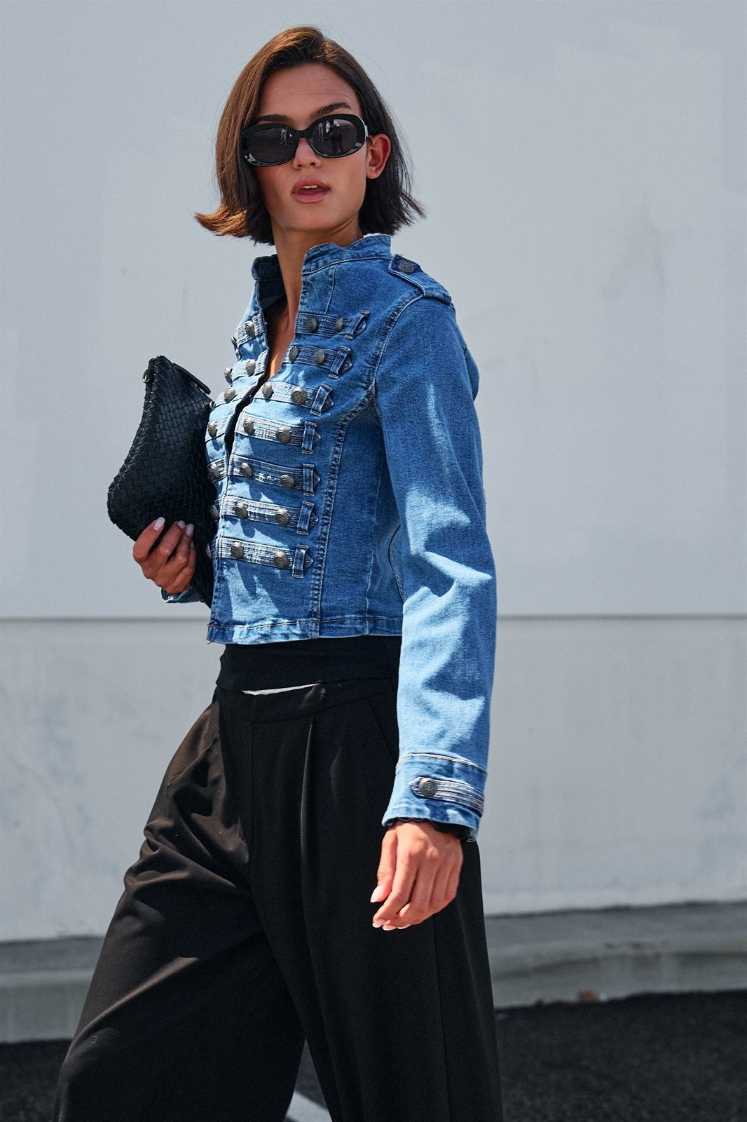 Military Denim Jacket with Double-Row Buttons in Blue - Women's Wholesale Jackets & Blazers | Trend Notes