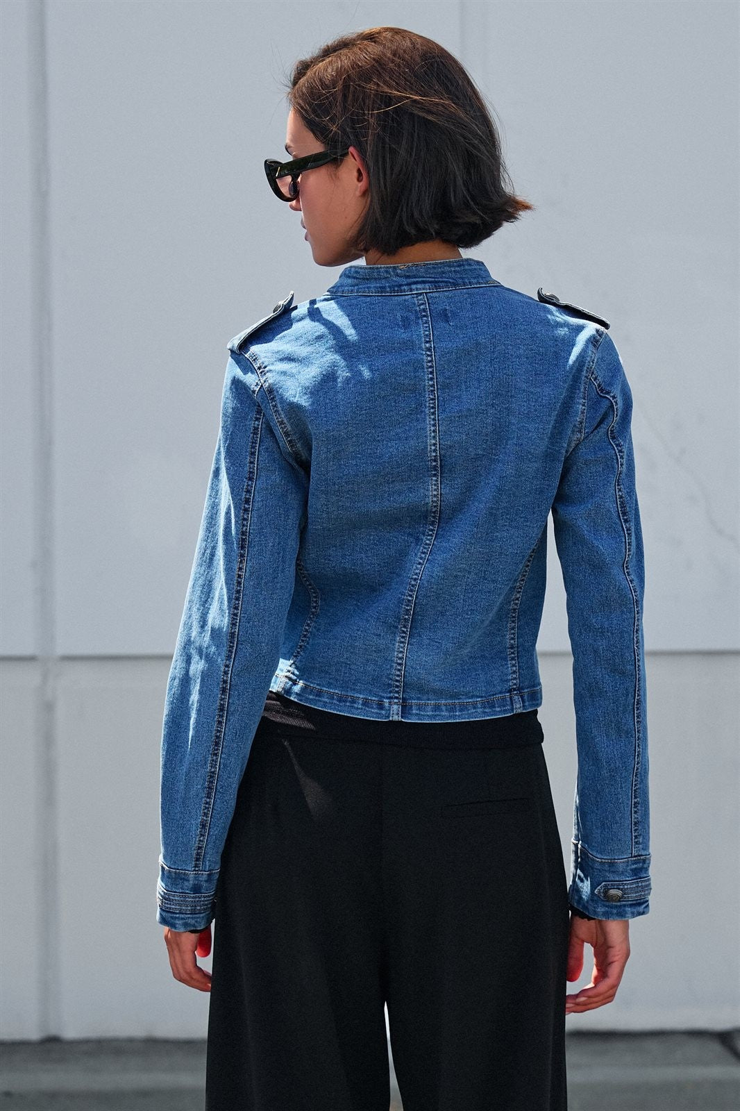 Military Denim Jacket with Double-Row Buttons in Blue - Women's Wholesale Jackets & Blazers | Trend Notes
