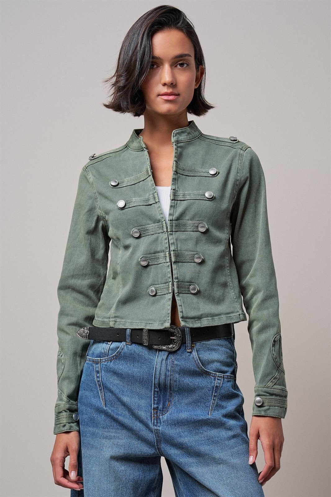 Cotton Stretch Military Button Jacket in Olive - Women's Wholesale Jackets & Blazers | Trend Notes