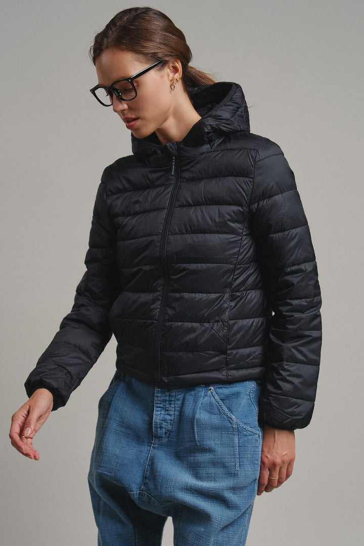 Crisp Air Hooded Puffer Jacket in Black - Women's Wholesale Puffer Outerwear | Trend Notes