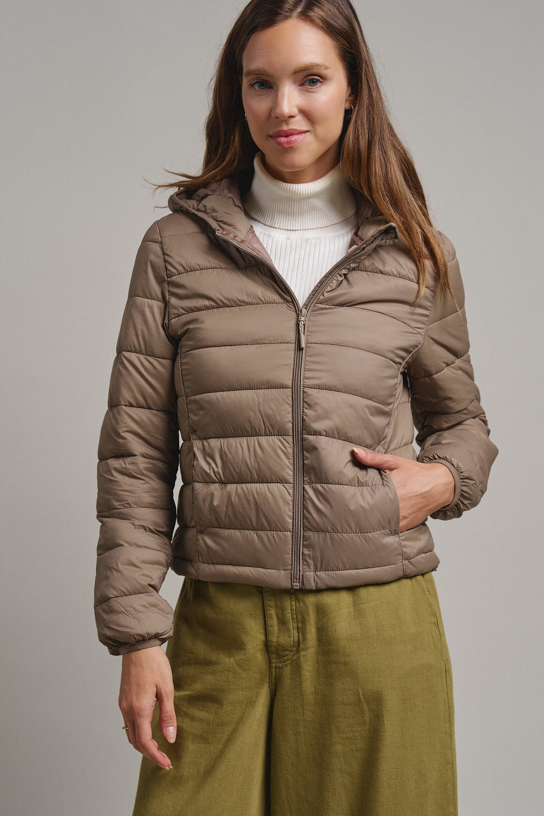 Crisp Air Hooded Puffer Jacket in Mocha - Women's Wholesale Puffer Outerwear | Trend Notes
