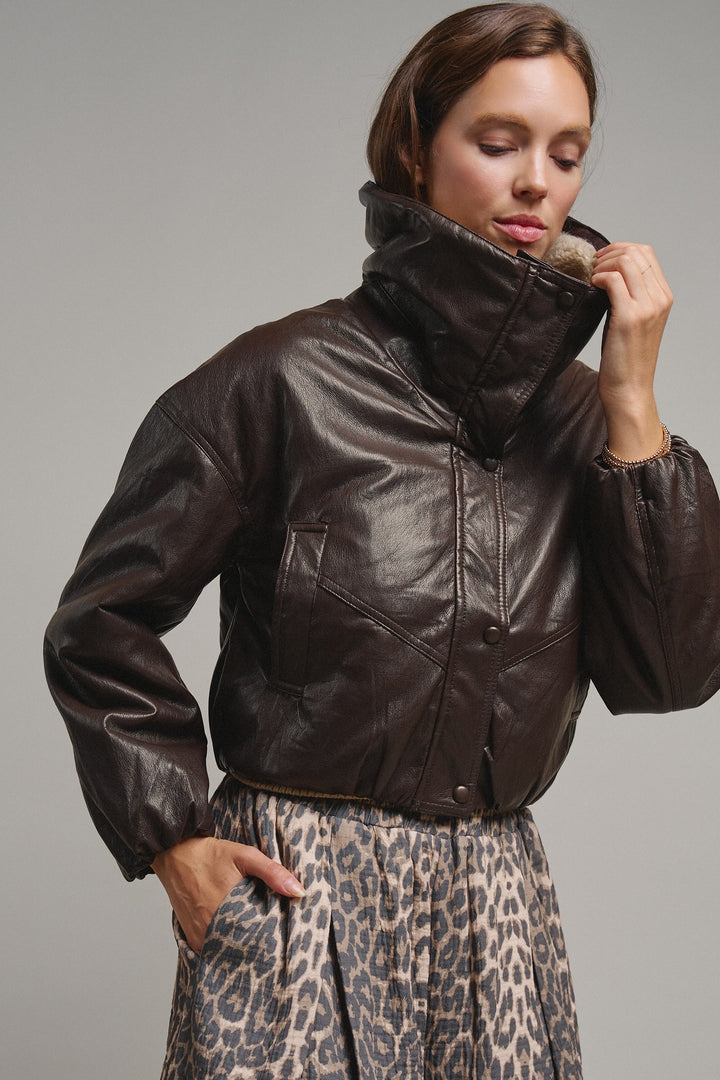 Aviator Hour Sherpa Crop Jacket in Chocolate - Women's Wholesale Jackets & Blazers | Trend Notes