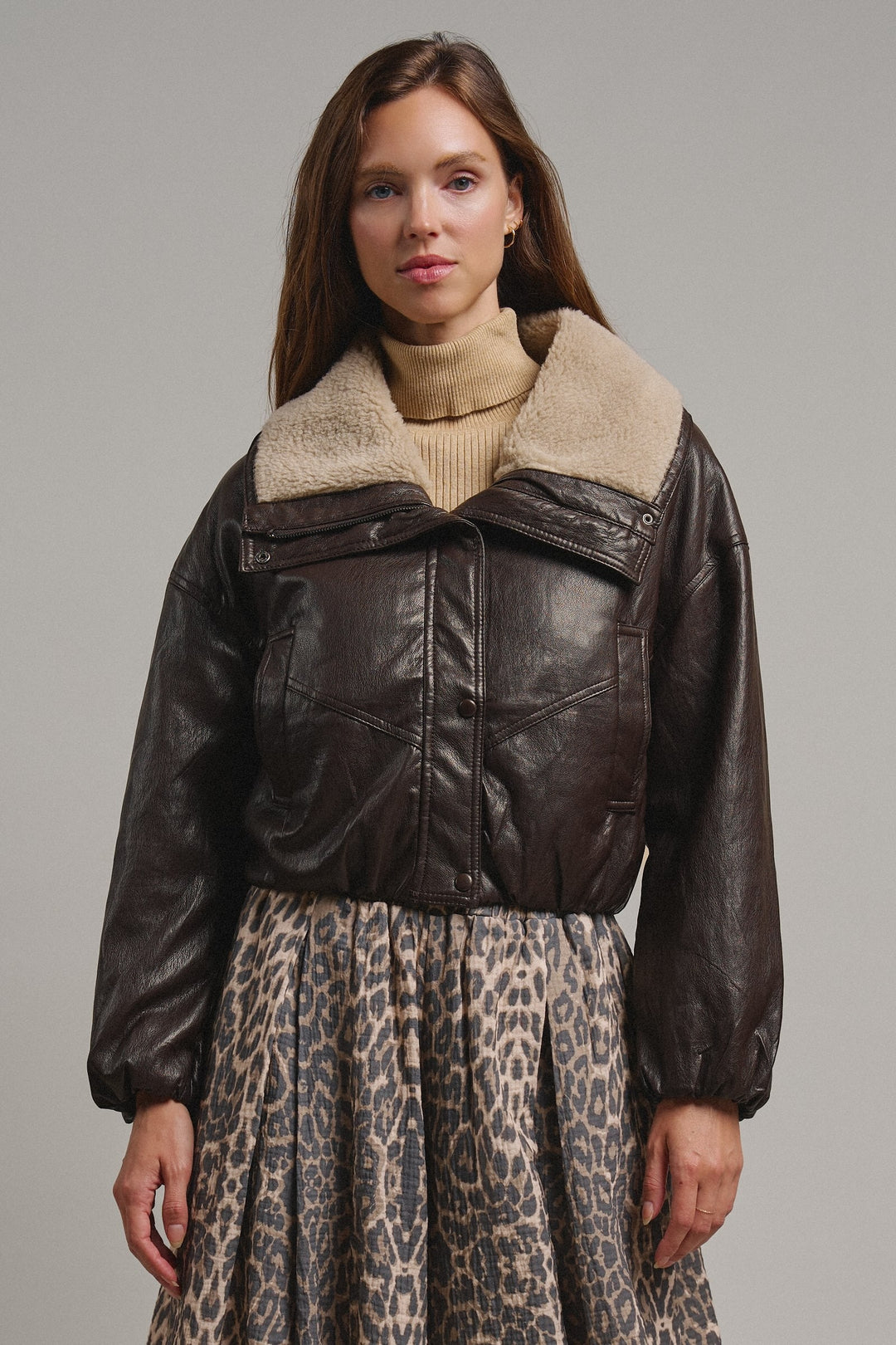 Aviator Hour Sherpa Crop Jacket in Chocolate - Women's Wholesale Jackets & Blazers | Trend Notes