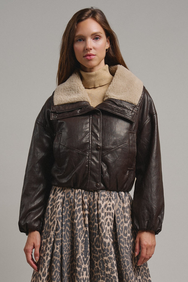 Aviator Hour Sherpa Crop Jacket in Chocolate - Women's Wholesale Jackets & Blazers | Trend Notes