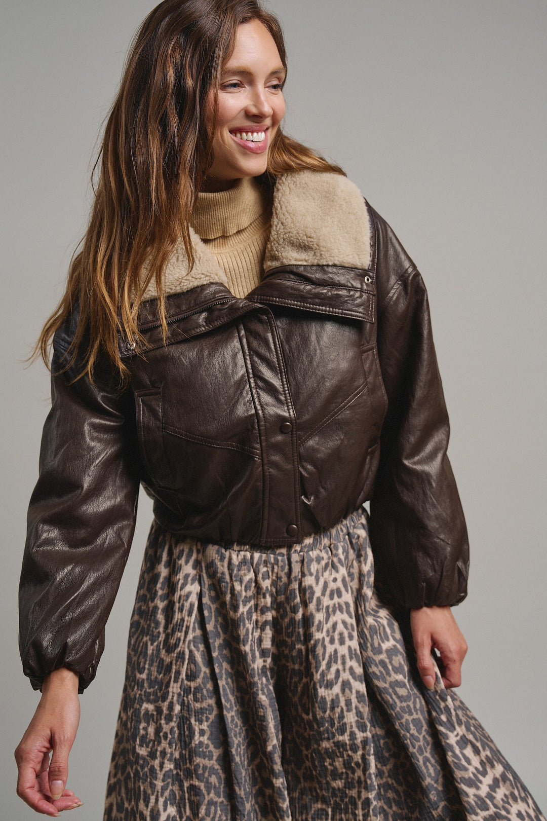 Aviator Hour Sherpa Crop Jacket in Chocolate - Women's Wholesale Jackets & Blazers | Trend Notes
