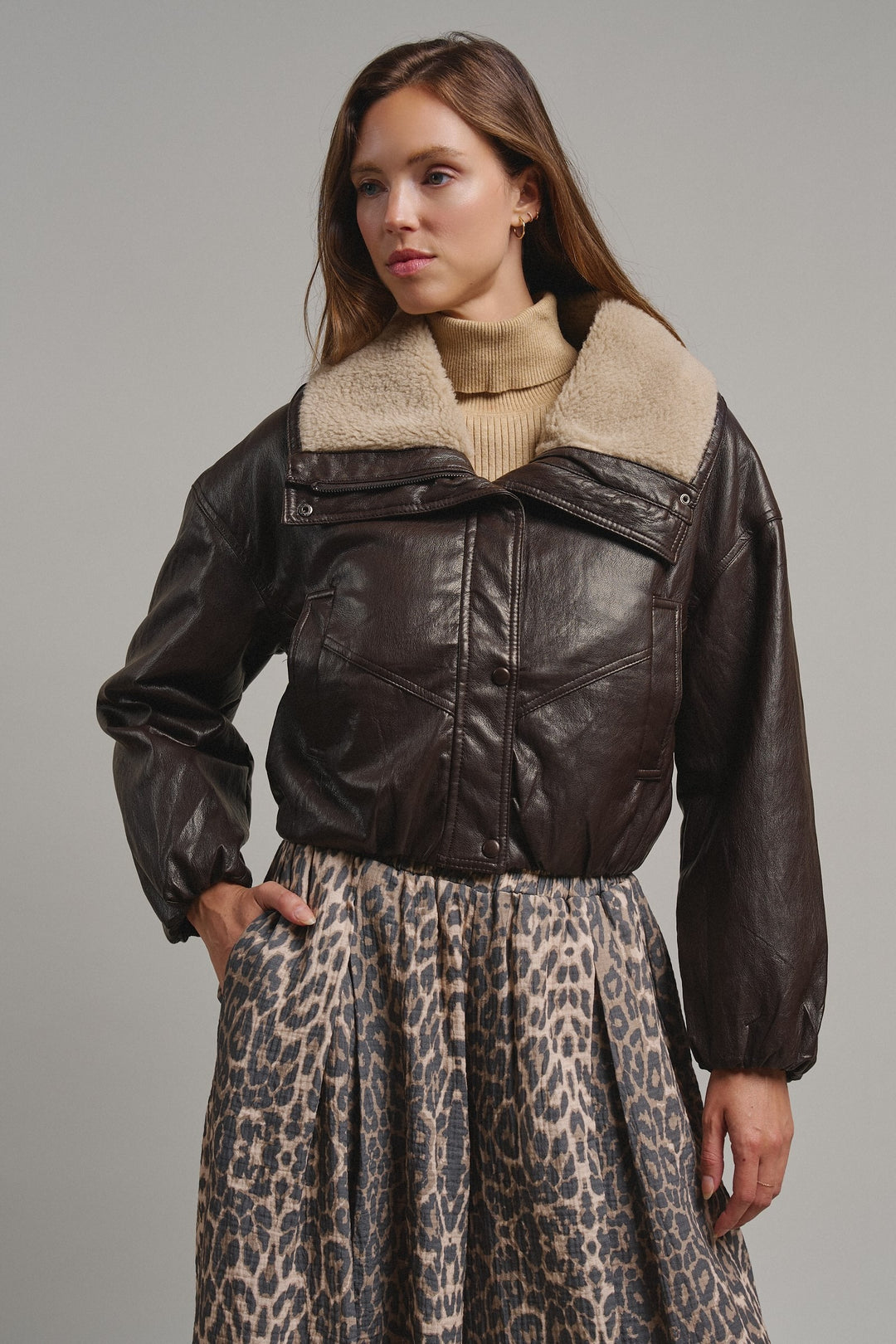 Aviator Hour Sherpa Crop Jacket in Chocolate - Women's Wholesale Jackets & Blazers | Trend Notes