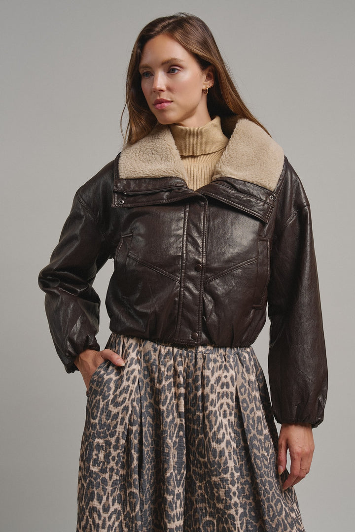 Aviator Hour Sherpa Crop Jacket in Chocolate - Women's Wholesale Jackets & Blazers | Trend Notes