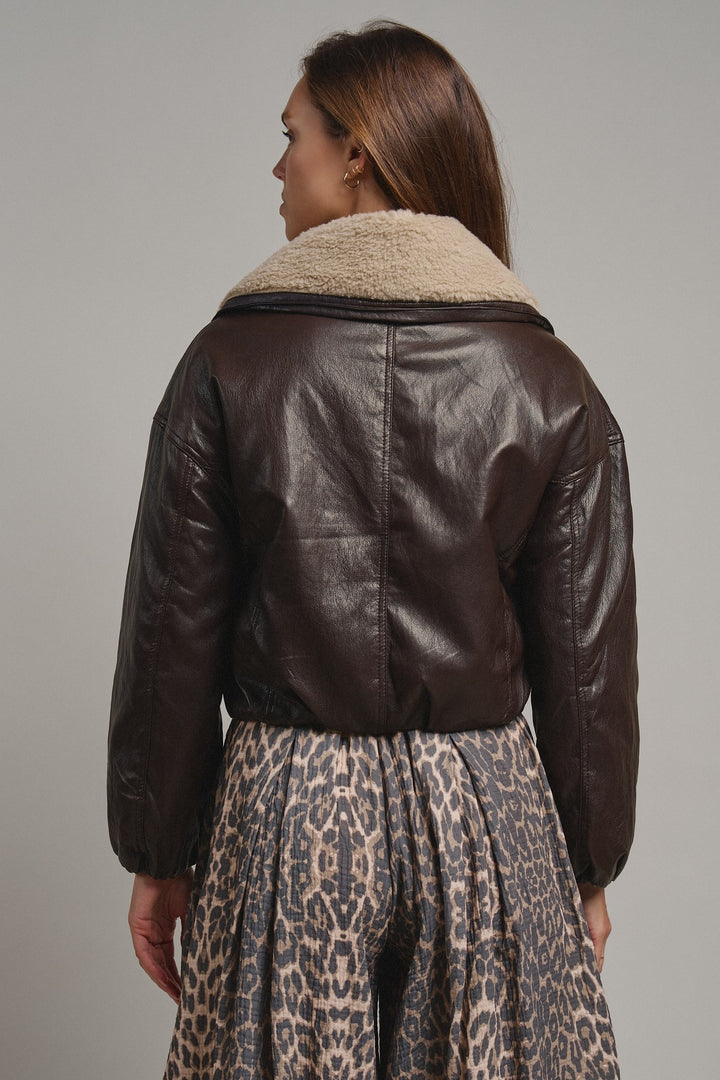 Aviator Hour Sherpa Crop Jacket in Chocolate - Women's Wholesale Jackets & Blazers | Trend Notes