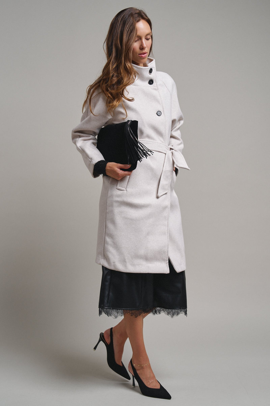 Quiet Luxe Napoleon Collar Coat in Ivory - Women's Wholesale Coats | Trend Notes