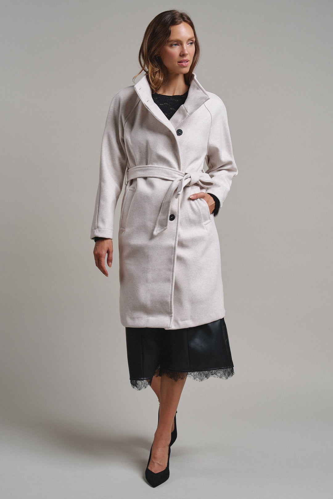 Quiet Luxe Napoleon Collar Coat in Ivory - Women's Wholesale Coats | Trend Notes