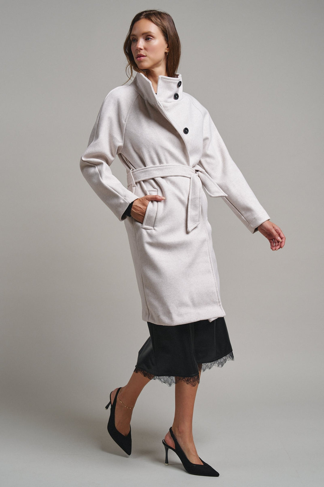 Quiet Luxe Napoleon Collar Coat in Ivory - Women's Wholesale Coats | Trend Notes