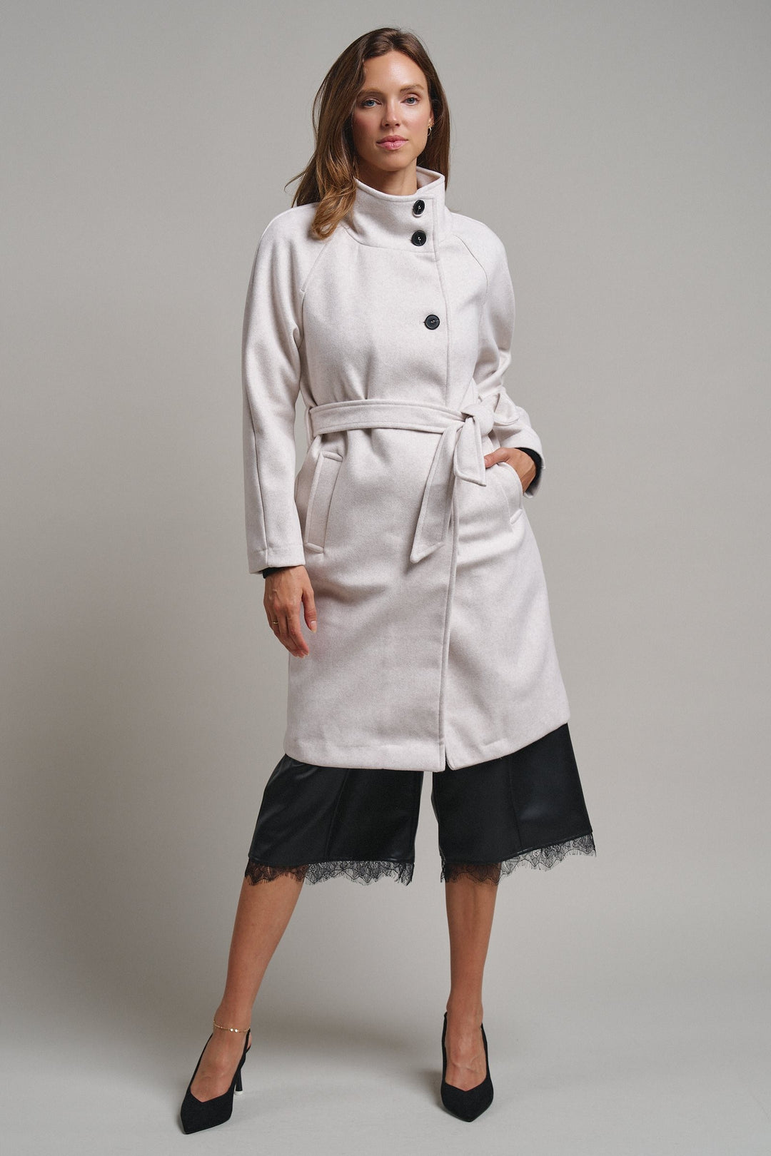 Quiet Luxe Napoleon Collar Coat in Ivory - Women's Wholesale Coats | Trend Notes