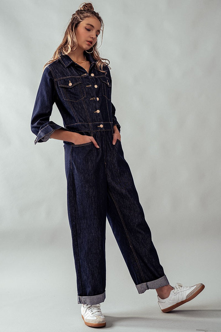 BUTTON FRONT DENIM JUMPSUIT in Denim - Women's Wholesale Jumpsuits | Trend Notes