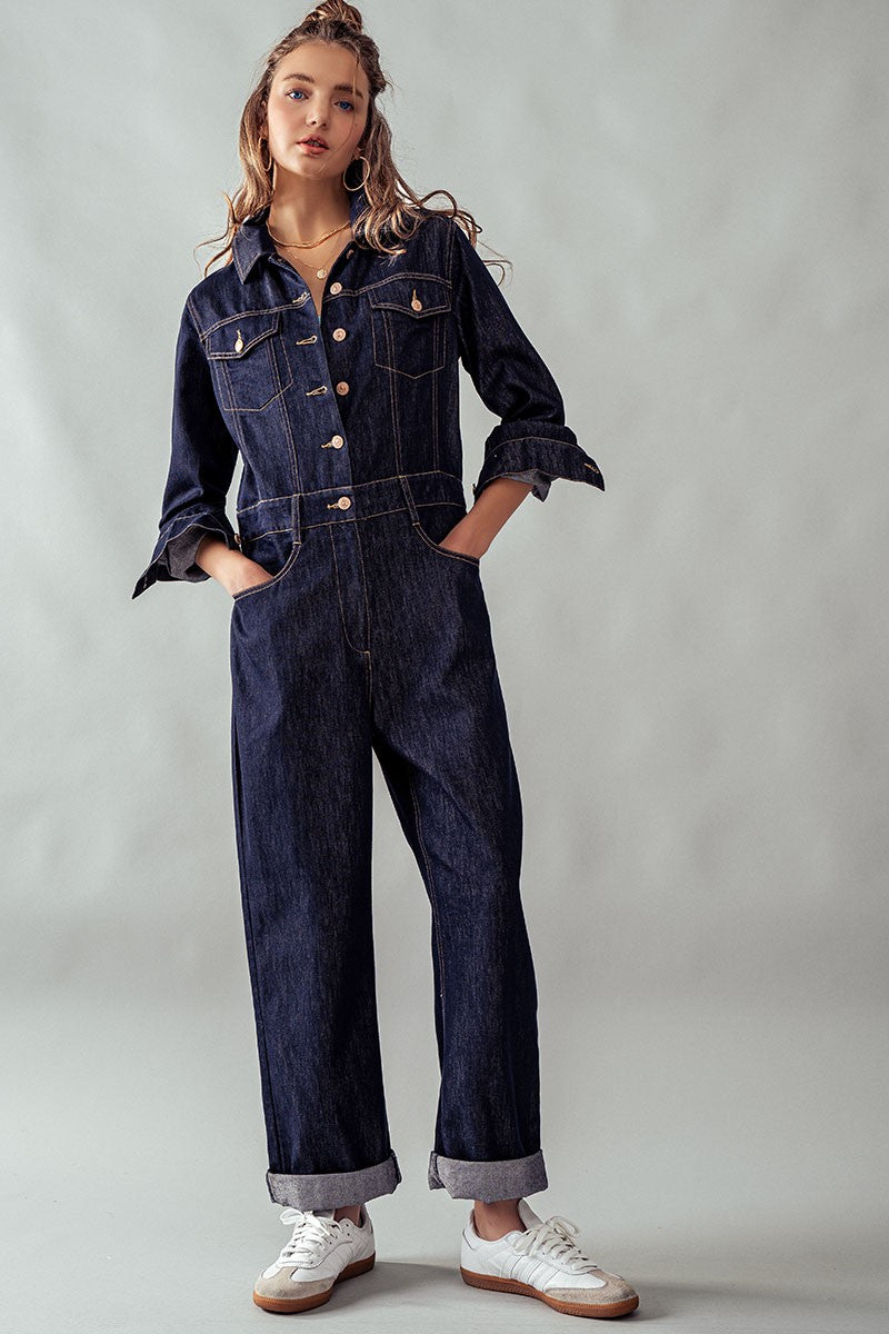 BUTTON FRONT DENIM JUMPSUIT in Denim - Women's Wholesale Jumpsuits | Trend Notes