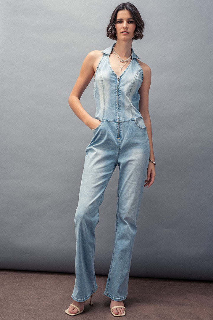 Retro Halter Denim Jumpsuit in Lt Blue - Women's Wholesale Jumpsuits | Trend Notes