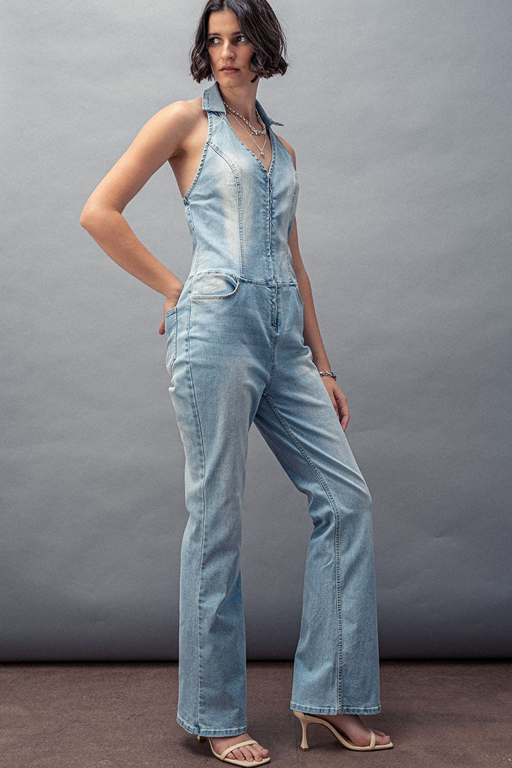 Retro Halter Denim Jumpsuit in Lt Blue - Women's Wholesale Jumpsuits | Trend Notes